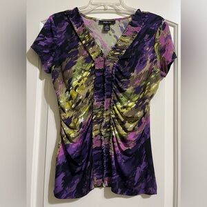 Style & Co. Women’s Purple Green Multicolored Blouse Top Small Ruched V-Neck
